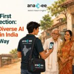 An Anaxee Digital Runner shows an "I Agree" consent screen on a phone to a rural Indian family outside a village shop before collecting image and video data