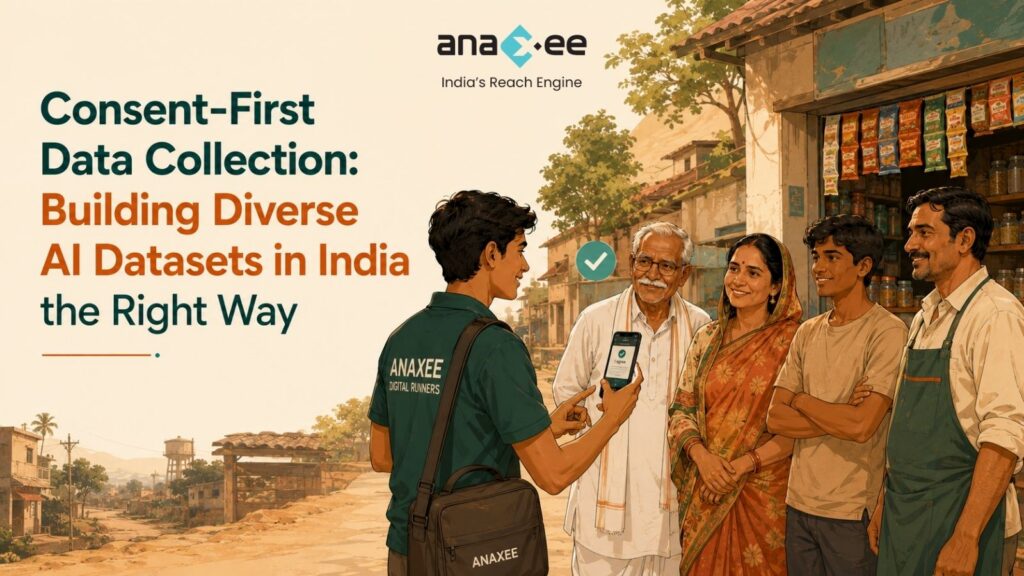 Anaxee Digital Runner showing a consent screen on a phone to a diverse Indian family outside a village shop before collecting image data