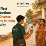 Anaxee Digital Runner showing a consent screen on a phone to a diverse Indian family outside a village shop before collecting image data
