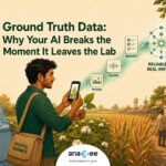 Field worker collecting ground truth data with a mobile device in a rural location, illustrating how real-world data improves AI training, validation, and model performance.