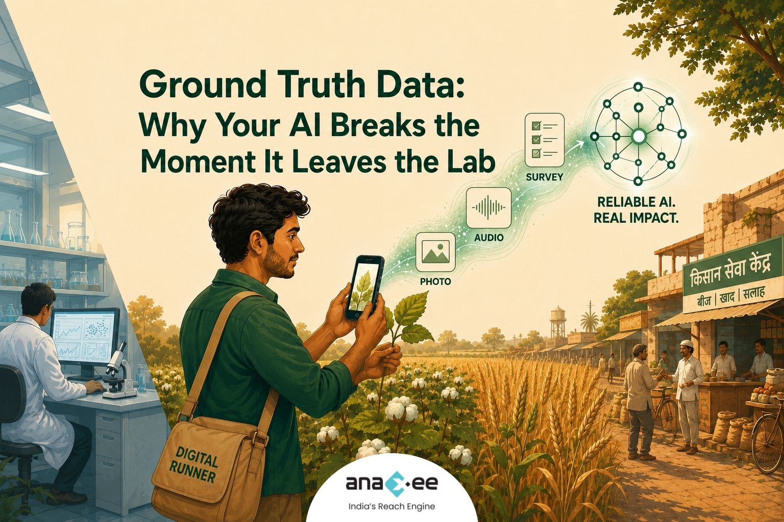 Field worker collecting ground truth data with a mobile device in a rural location, illustrating how real-world data improves AI training, validation, and model performance.