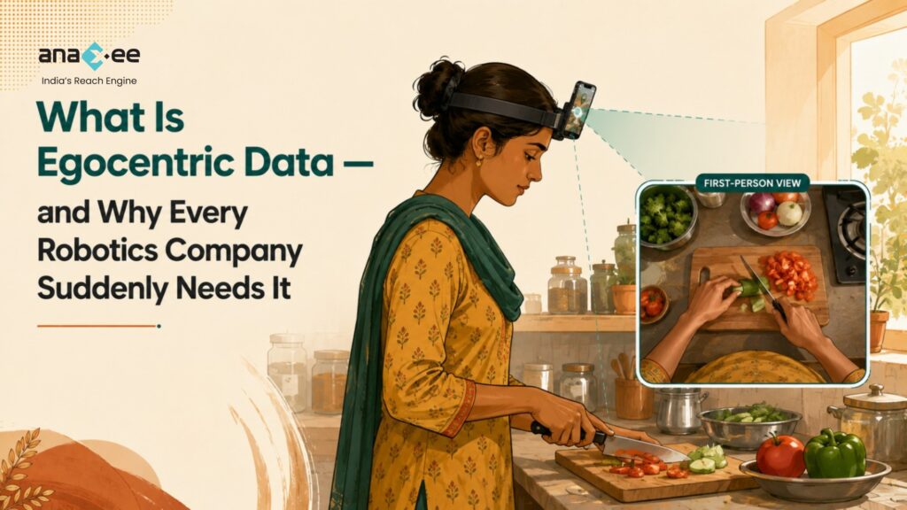 Woman wearing a head-strap phone while cooking, with a first-person view inset of her hands chopping vegetables — egocentric data capture
