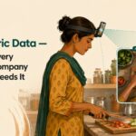 Woman wearing a head-strap phone while cooking, with a first-person view inset of her hands chopping vegetables — egocentric data capture