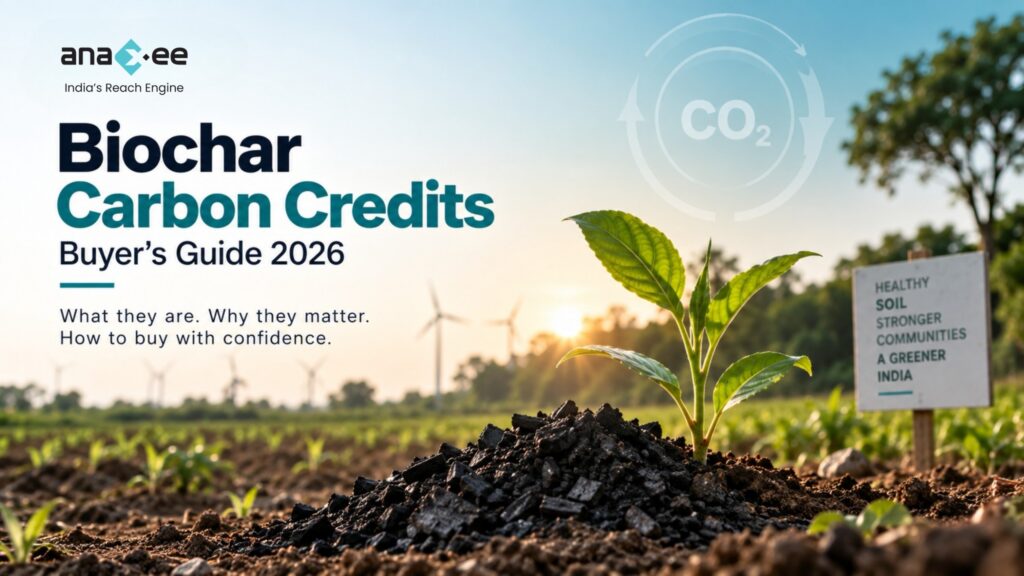 Biochar carbon credits buyer’s guide showing biochar in agricultural soil, carbon removal, renewable energy, and environmental benefits.