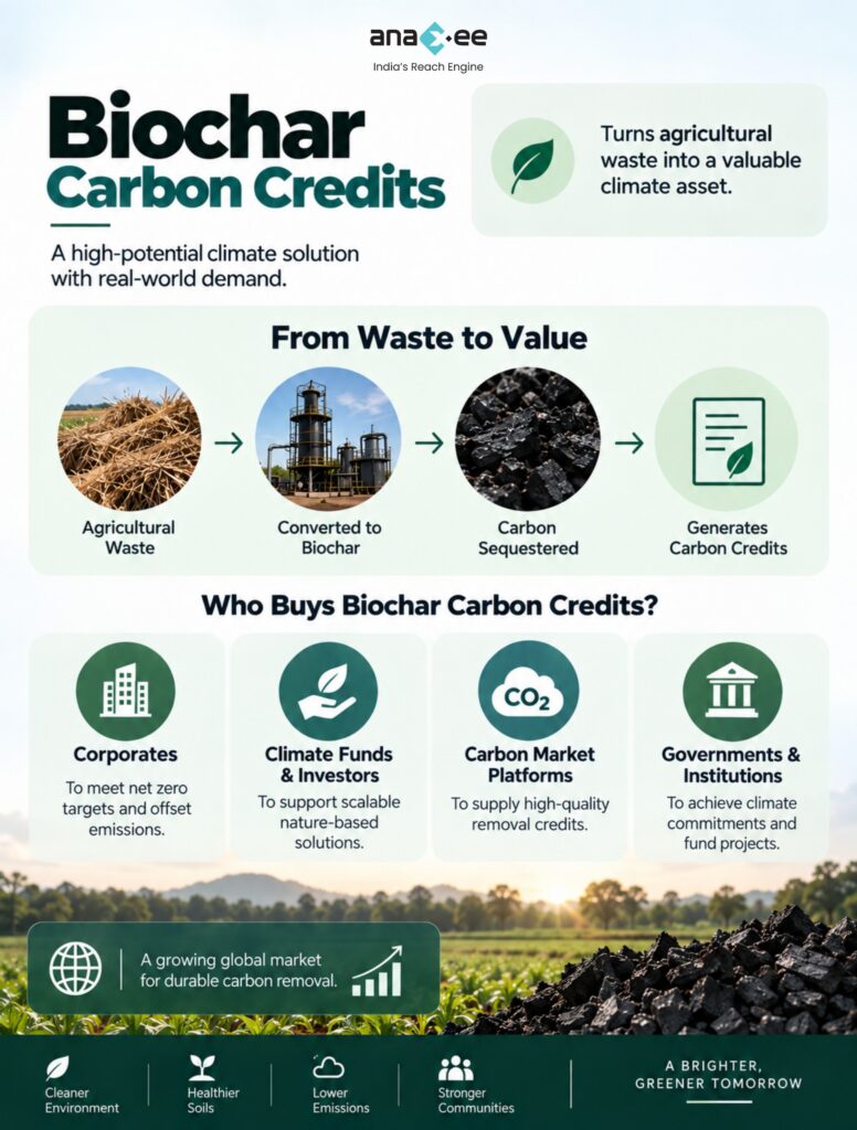 Biochar carbon credit lifecycle showing agricultural waste converted into biochar, carbon sequestration and verified credits, with corporates, investors and institutions as potential buyers.
