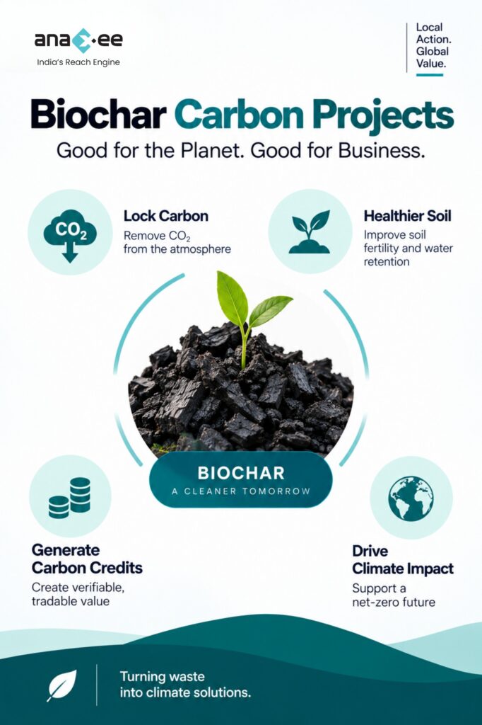 Biochar carbon project benefits showing carbon removal, healthier soil, carbon credit generation, and climate impact from converting biomass waste into biochar.