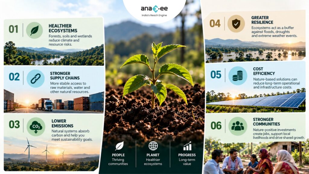 Business benefits of nature-based solutions including healthier ecosystems, stronger supply chains, lower emissions, greater climate resilience, cost efficiency and stronger communities.
