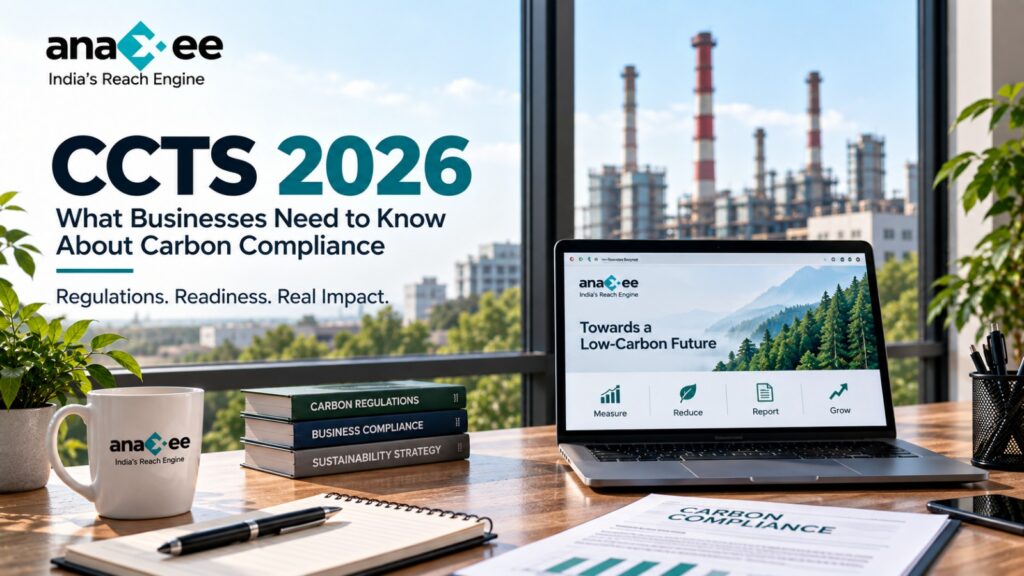 CCTS 2026 business compliance graphic showing carbon regulations, sustainability strategy, emissions management, and a low-carbon future.