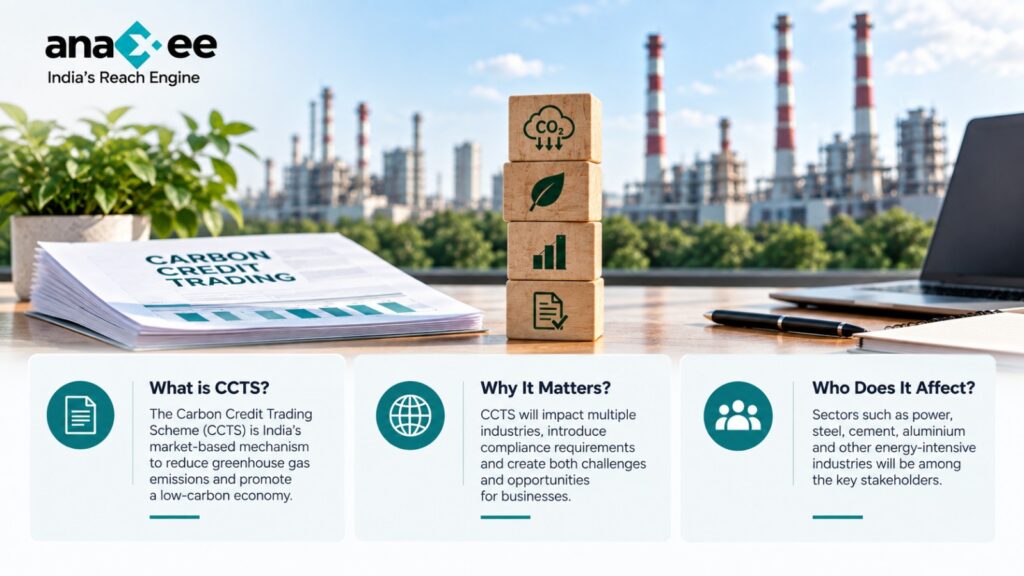 Infographic explaining India's Carbon Credit Trading Scheme, its impact on businesses, and the energy-intensive sectors affected by CCTS.