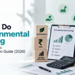 Environmental costing infographic showing five environmental impact areas: emissions, resource use, waste, ecosystems, and people and health, with benefits for efficiency, financial planning, risk management, and sustainable growth.