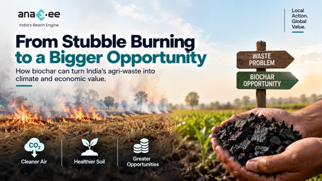 Biochar carbon removal opportunity in India, showing crop residue burning transformed into biochar for cleaner air, healthier soil, and economic value.