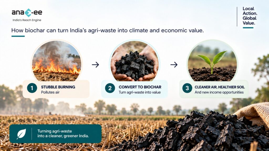 Three-step biochar pathway showing crop residue burning, conversion of agricultural waste into biochar, and benefits including cleaner air, healthier soil, and new income opportunities.