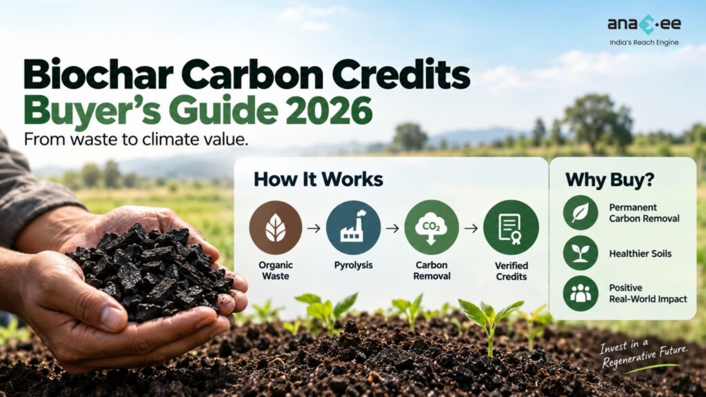 Biochar carbon credit process showing organic waste converted through pyrolysis into durable carbon removal and verified carbon credits, with benefits for soil and communities.