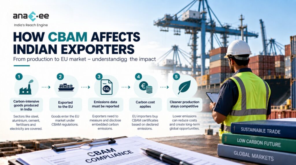 Five-step CBAM process for Indian exporters showing carbon-intensive production, EU exports, embedded emissions reporting, carbon costs, and cleaner production.