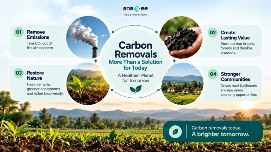 Carbon removal process showing emissions entering the atmosphere, carbon captured through removal solutions, long-term storage in soils and ecosystems, and benefits for a cleaner climate.