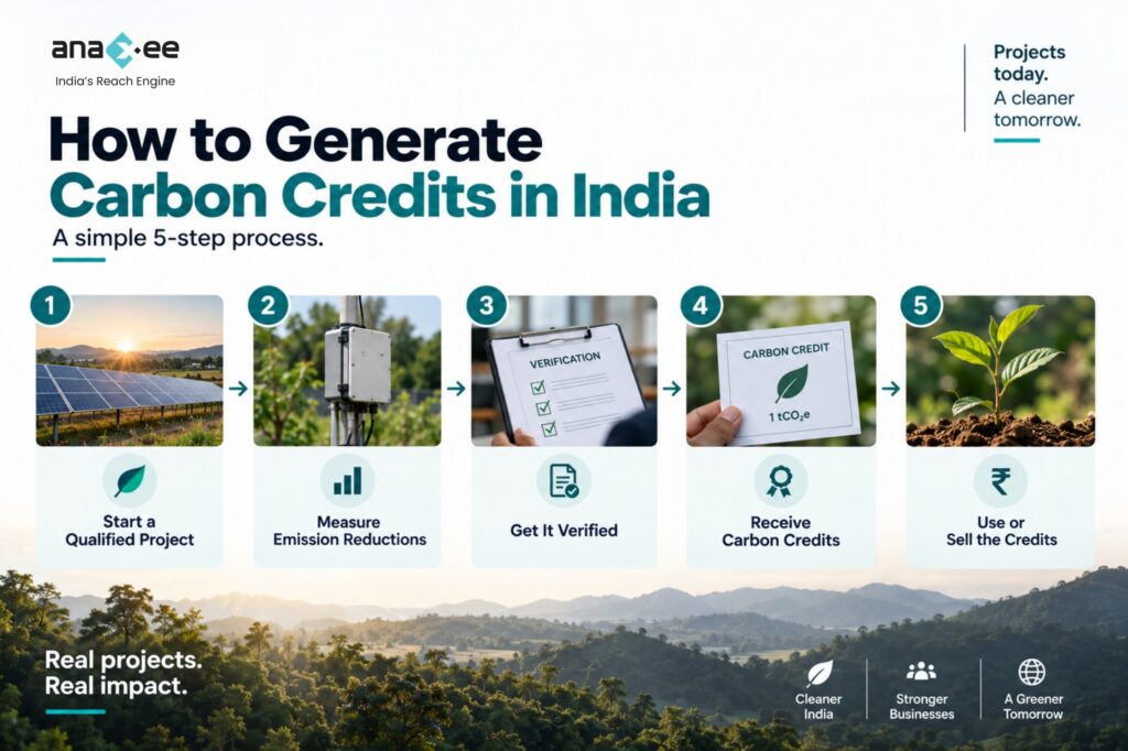 Five-step process for generating carbon credits in India, from starting a qualified project and measuring emission reductions to verification, credit issuance, and selling carbon credits.