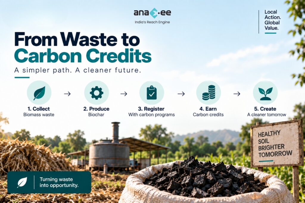 Five-step biochar carbon project process showing biomass collection, biochar production, project registration, carbon credit generation, and climate impact.