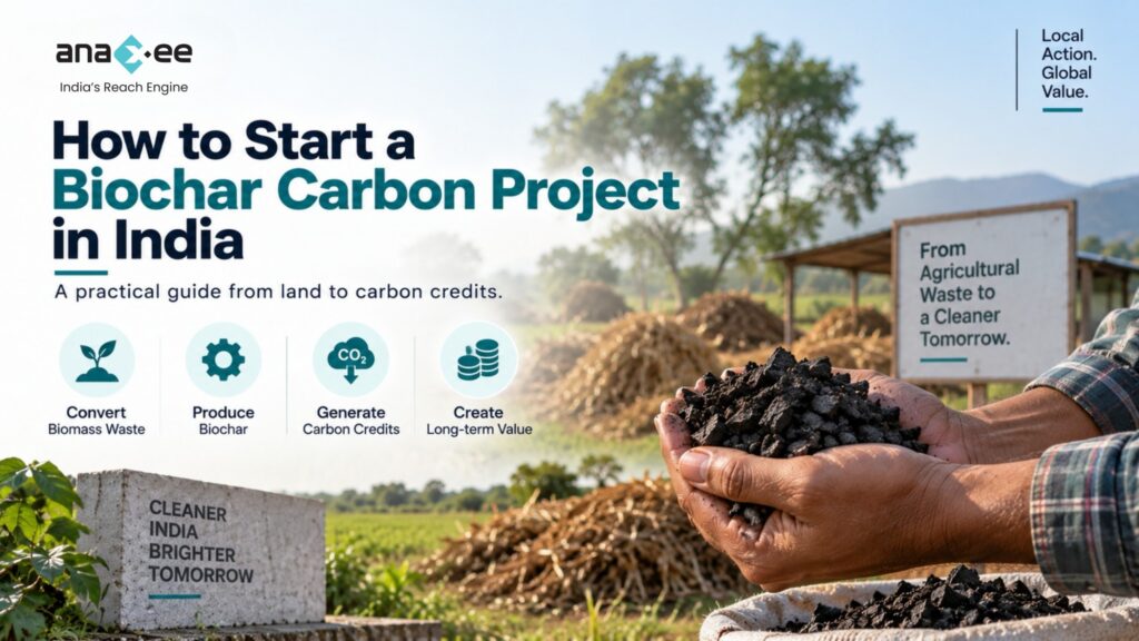 How to start a biochar carbon project in India, showing agricultural waste converted into biochar, carbon credits, and long-term climate value.