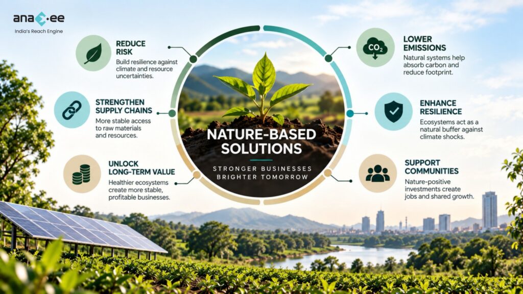 Nature-based solutions framework showing how businesses can reduce climate risk, strengthen supply chains, lower emissions, enhance resilience, support communities and create long-term value.