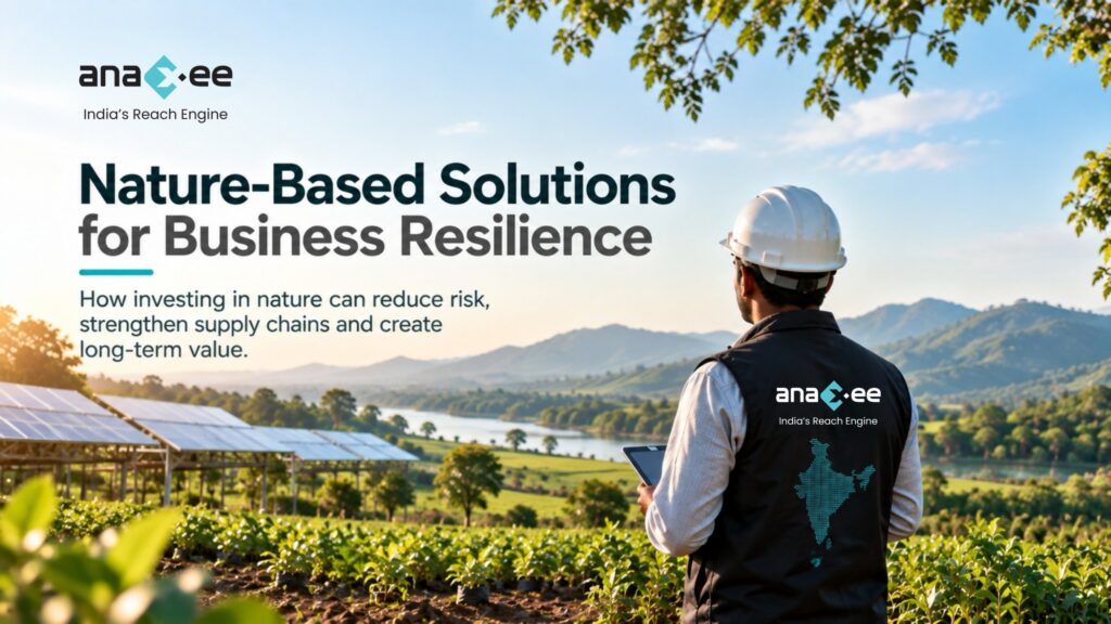Nature-based solutions for business resilience showing sustainable agriculture, renewable energy, natural landscapes and field monitoring to reduce climate risk and create long-term value.