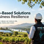 Nature-based solutions for business resilience showing sustainable agriculture, renewable energy, natural landscapes and field monitoring to reduce climate risk and create long-term value.