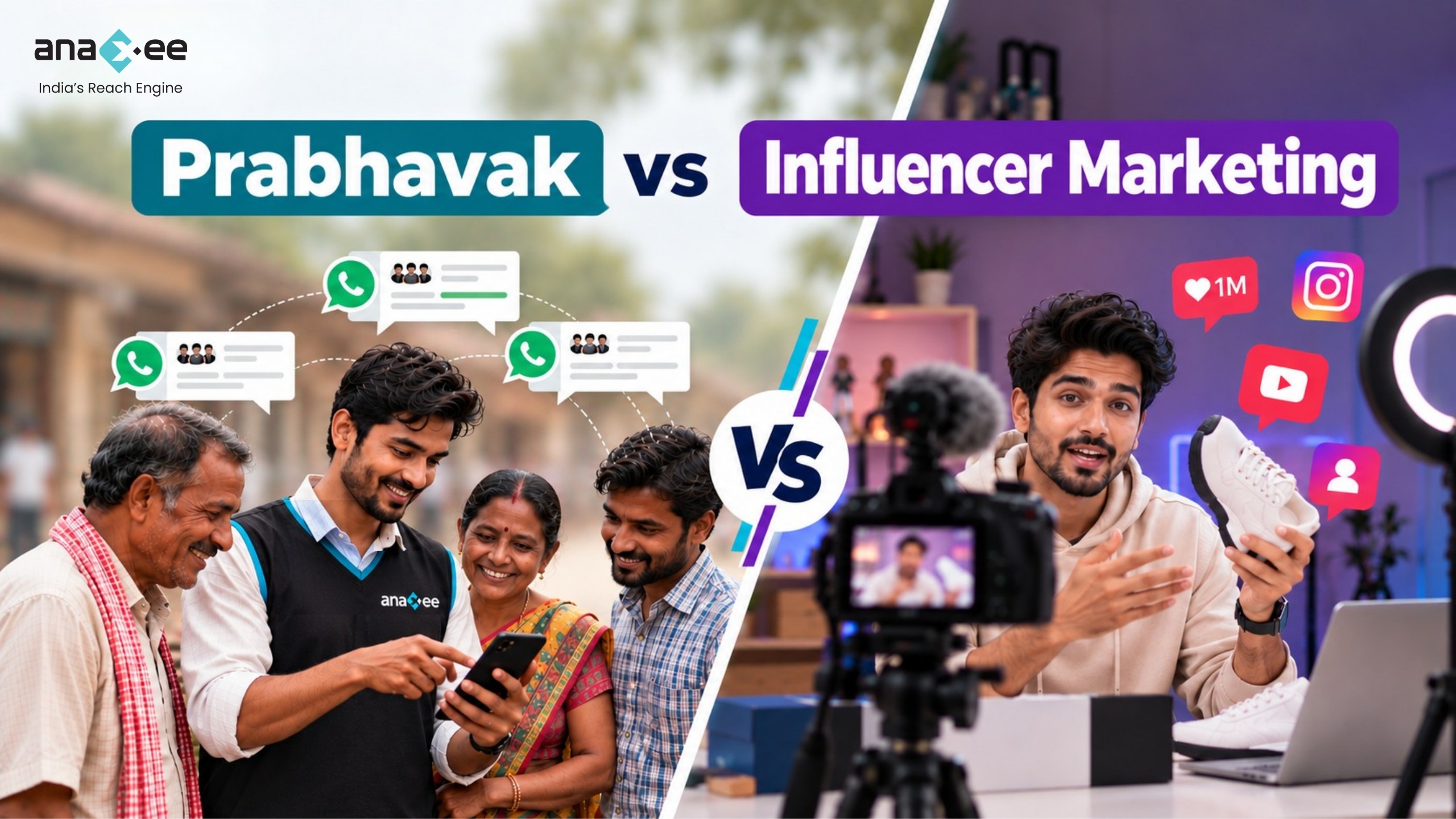 Comparison of influencer marketing and the Prabhavak model, showing online audience reach versus trusted local recommendations that drive conversations and purchases.
