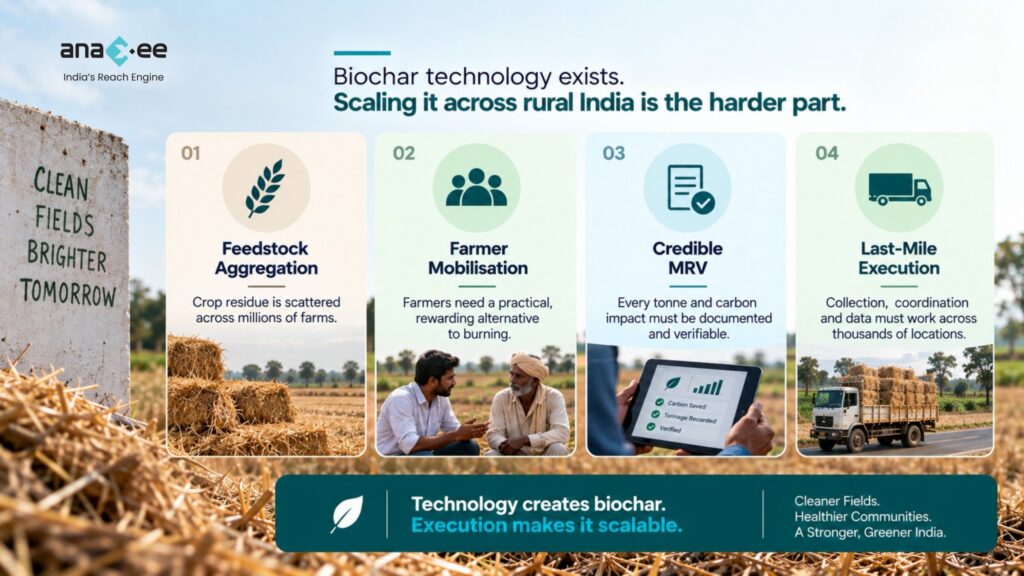 Four challenges to scaling biochar projects across rural India: feedstock aggregation, farmer mobilisation, credible MRV, and last-mile execution.