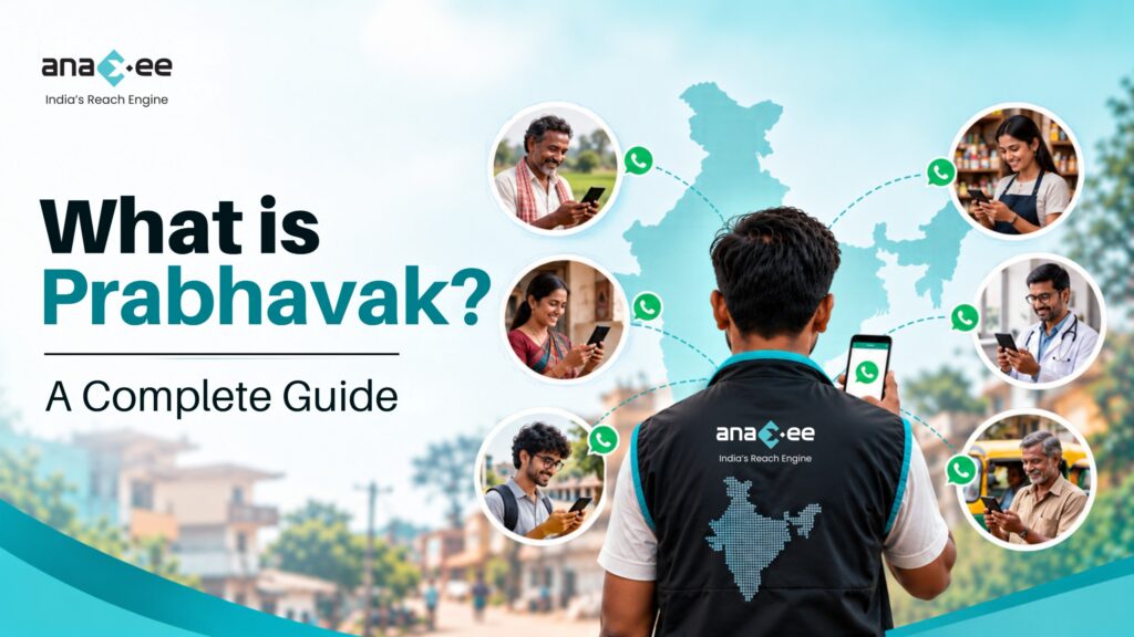 Prabhavak marketing concept showing a network of trusted local people sharing brand messages through WhatsApp and community conversations across India.