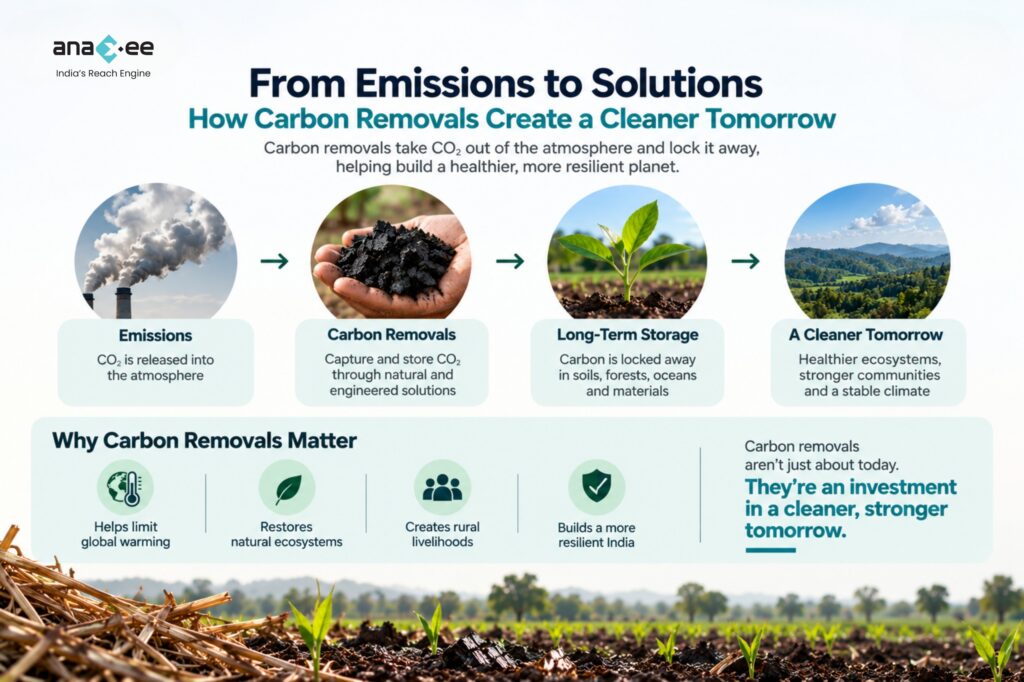 Benefits of carbon removals including reducing atmospheric CO2, storing carbon in soils and durable products, restoring ecosystems, and supporting rural communities.