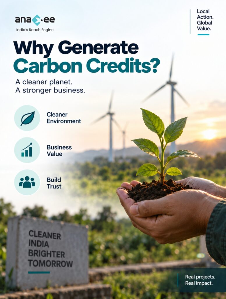 Benefits of generating carbon credits in India, including environmental impact, business value, and stronger trust through credible climate projects.