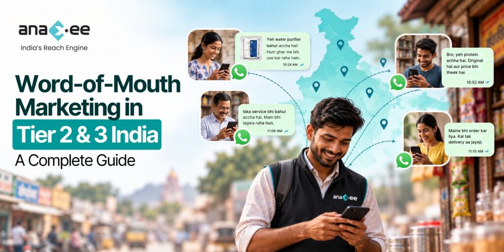 Word-of-mouth marketing in Tier 2 and Tier 3 India showing trusted local recommendations spreading through WhatsApp and community networks to influence buying decisions.