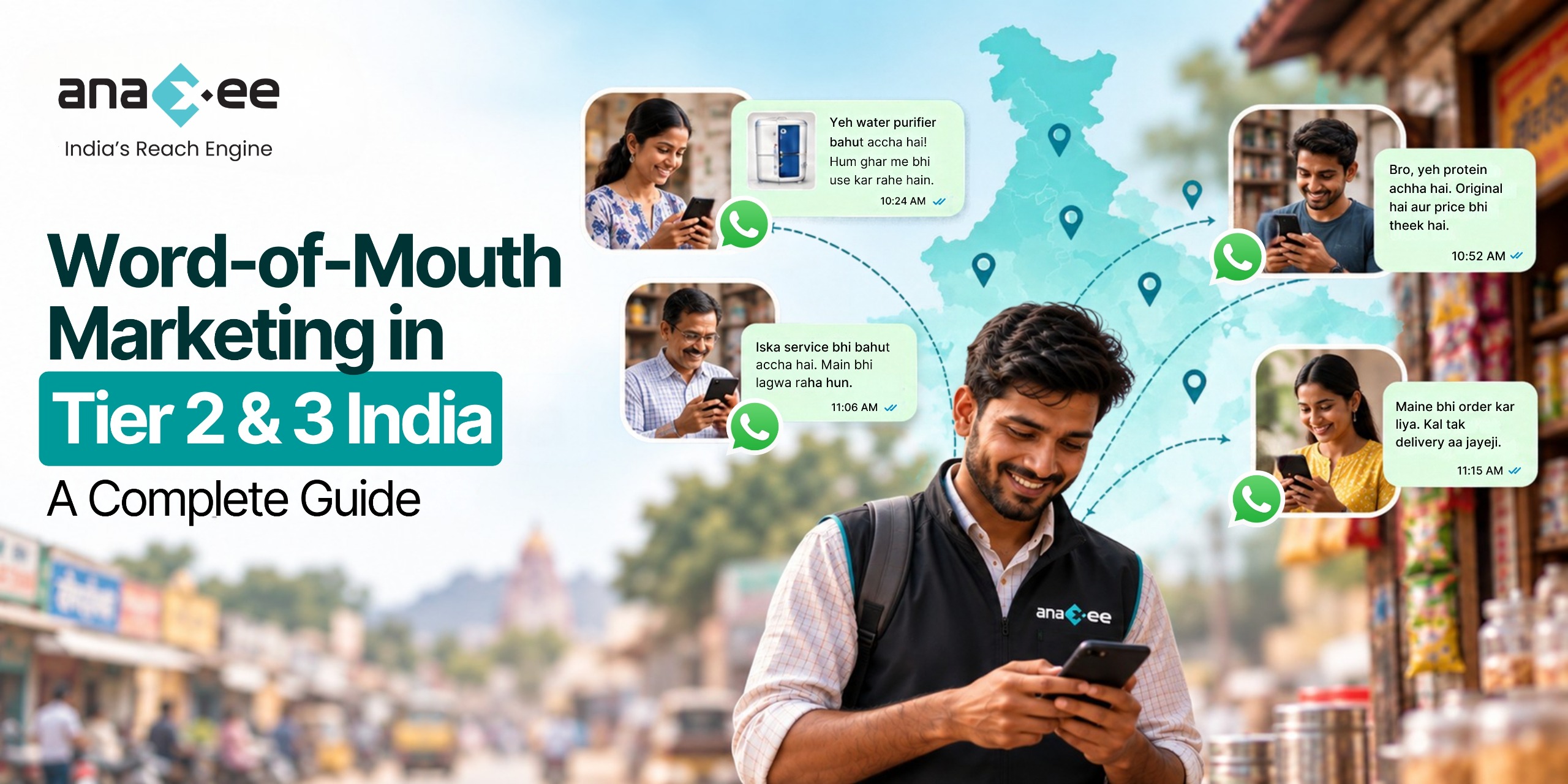 Word-of-mouth marketing in Tier 2 and Tier 3 India showing trusted local recommendations spreading through WhatsApp and community networks to influence buying decisions.