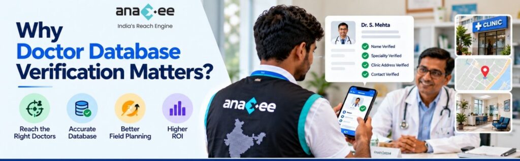 Infographic illustrating four benefits of doctor database verification: reaching the right doctors, improving database accuracy, enabling better field planning and supporting higher return on investment.