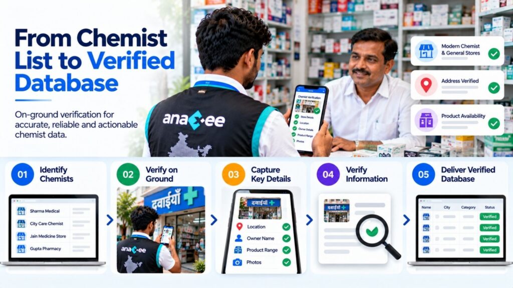 Five-step chemist database verification workflow showing outlet identification, on-ground verification, collection of key details, information validation and delivery of a verified database.