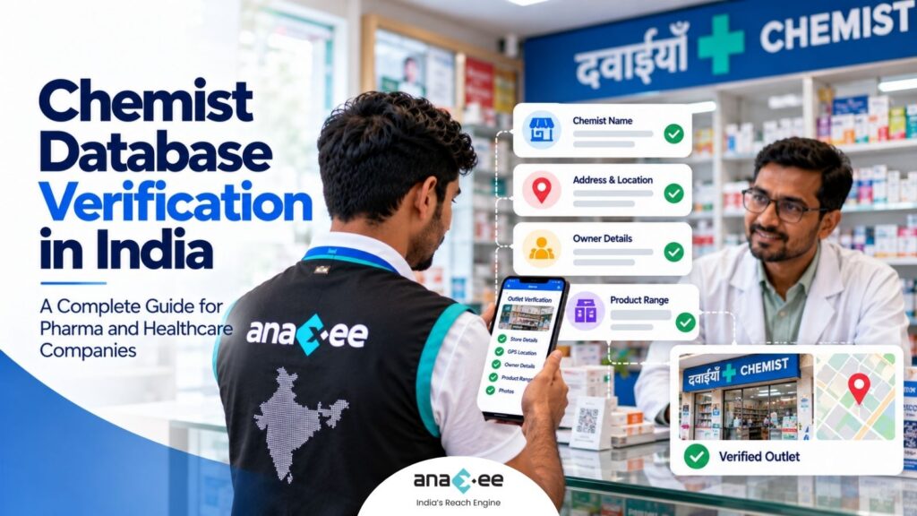 An Anaxee Digital Runner verifies a chemist outlet's name, address, owner details and product range during an on-ground visit to a pharmacy in India.