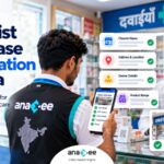 An Anaxee Digital Runner verifies a chemist outlet's name, address, owner details and product range during an on-ground visit to a pharmacy in India.