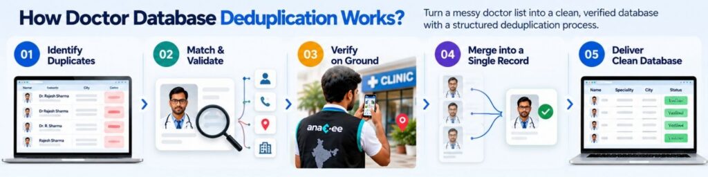 Five-step doctor database deduplication workflow showing duplicate identification, record matching and validation, field verification, merging into a single record and delivery of a clean database.
