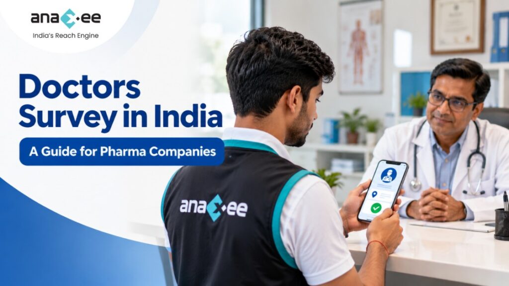 An Anaxee Digital Runner uses a smartphone to check doctor information during a clinic visit, illustrating field-based doctor data verification for pharmaceutical companies.