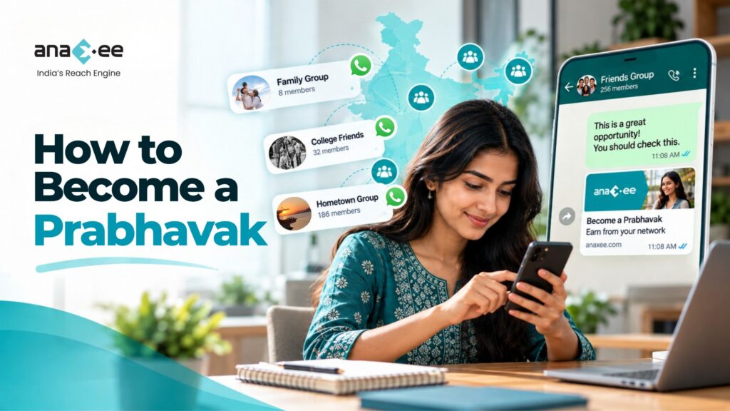 How to become a Prabhavak, showing a local person sharing brand messages through WhatsApp and trusted community networks.