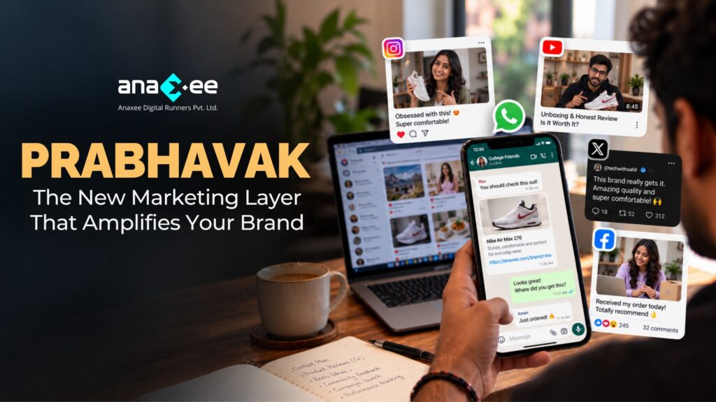 Prabhavak marketing by Anaxee, showing a brand message shared through WhatsApp and social media recommendations to amplify digital marketing and encourage customer action.