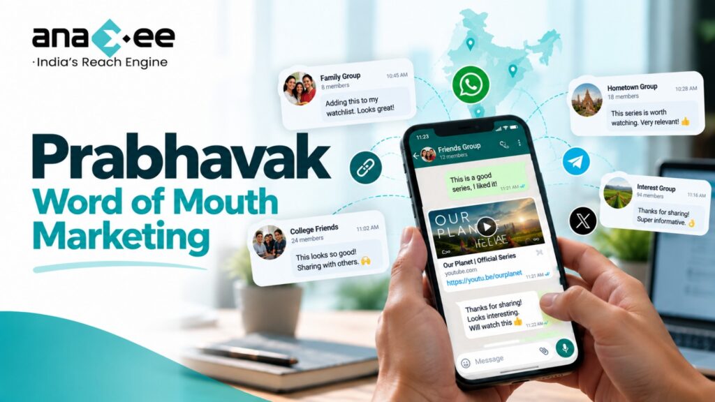 Prabhavak word-of-mouth marketing showing trusted local people sharing brand messages through WhatsApp and community networks to build awareness, trust and conversions.