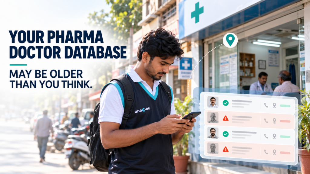 An Anaxee Digital Runner checks doctor information outside a clinic, illustrating how pharmaceutical companies can identify outdated or inconsistent doctor database records through field verification.