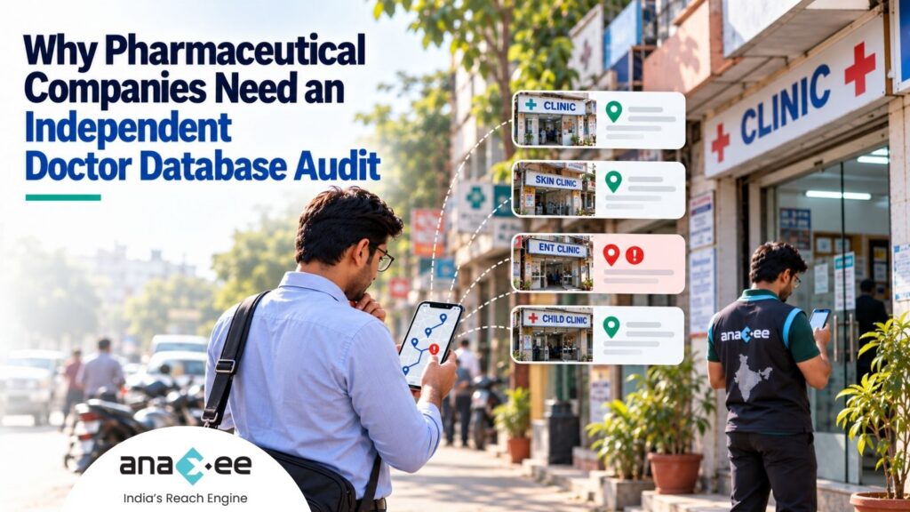 Infographic showing how inaccurate doctor database records lead to time spent checking details, follow-up visits and route plan updates for pharmaceutical field teams.
